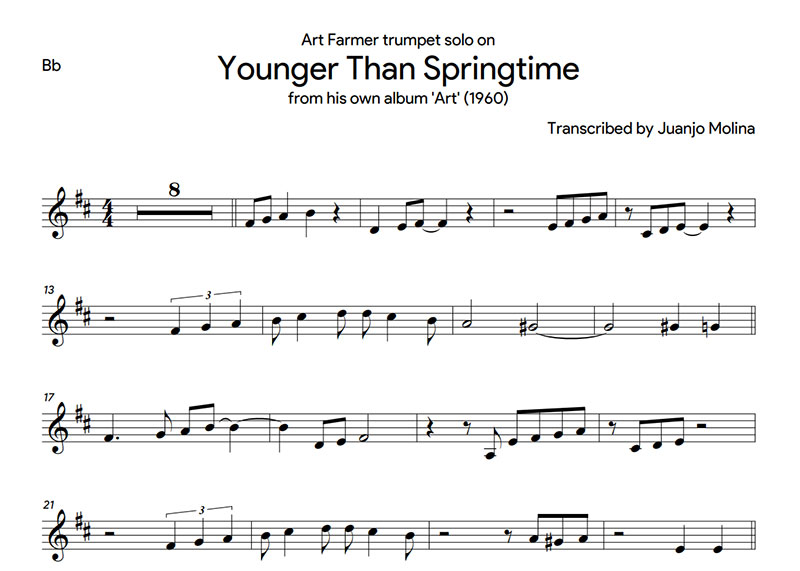 Younger than springtime – Art Farmer trumpet solo transcription